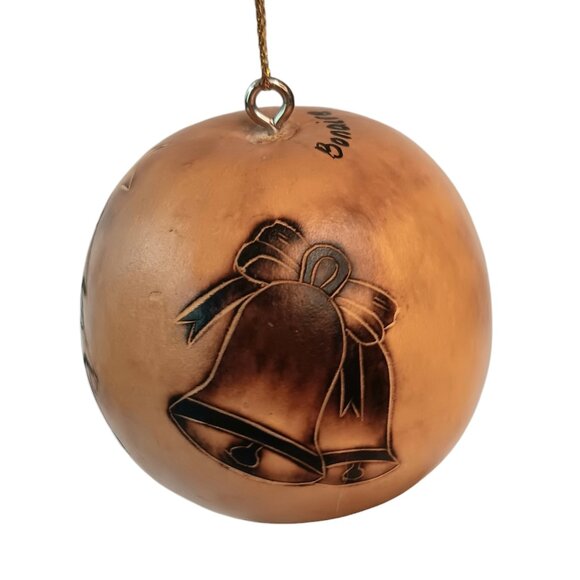 Handcarved Gourd Christmas Ornament Santa Stocking Bells 2.5" X 2.5" Brown - Picture 2 of 9